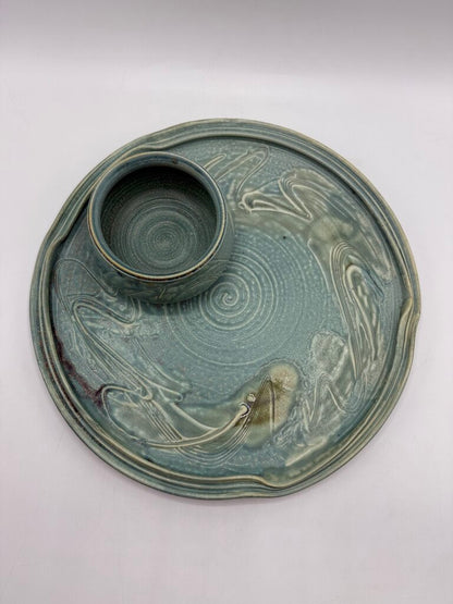 Handmade Pottery Tray w/Attached Bowl Charcuterie 12” Dia /rw