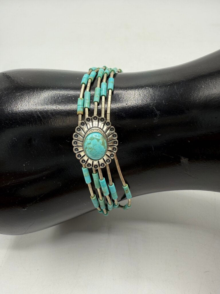 Southwest Native American Liquid Sterling Silver & Concho Turquoise Bracelet /ro