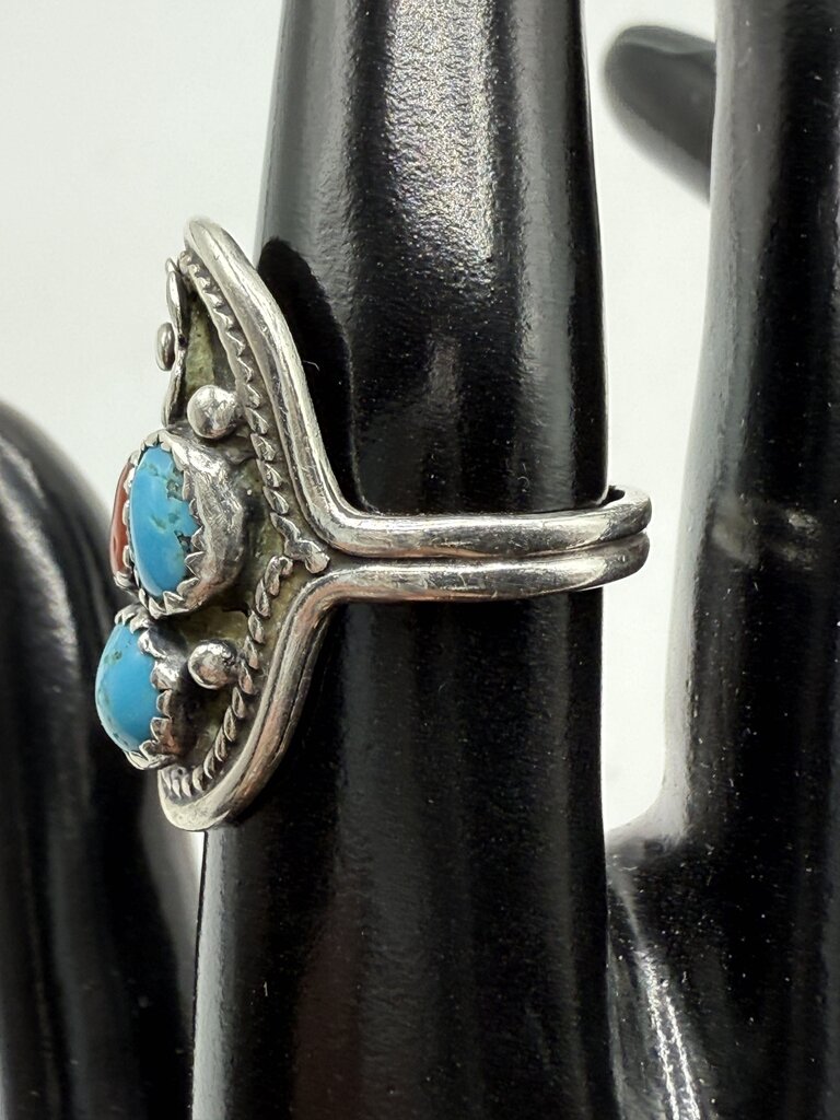 VTG Native American Sterling Silver Turquoise Coral Ring Sz. 7.25 /ro