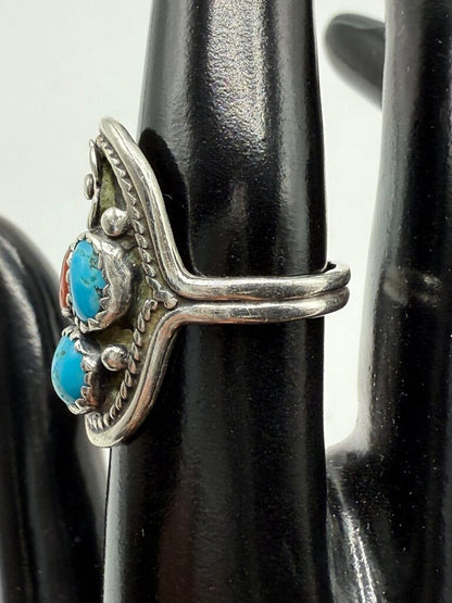 VTG Native American Sterling Silver Turquoise Coral Ring Sz. 7.25 /ro