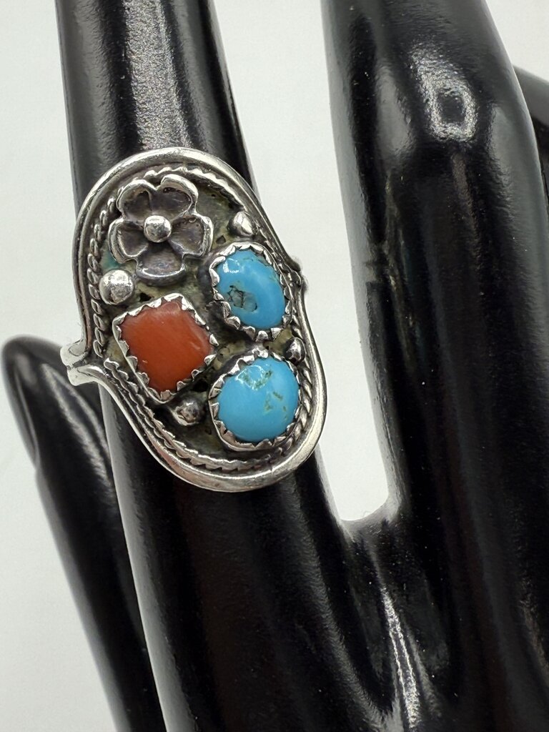 VTG Native American Sterling Silver Turquoise Coral Ring Sz. 7.25 /ro