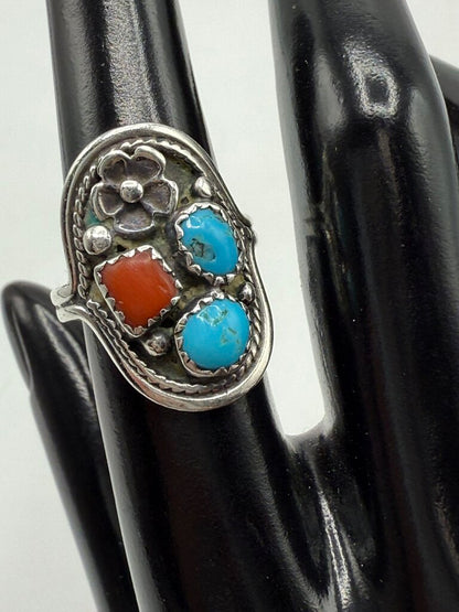 VTG Native American Sterling Silver Turquoise Coral Ring Sz. 7.25 /ro