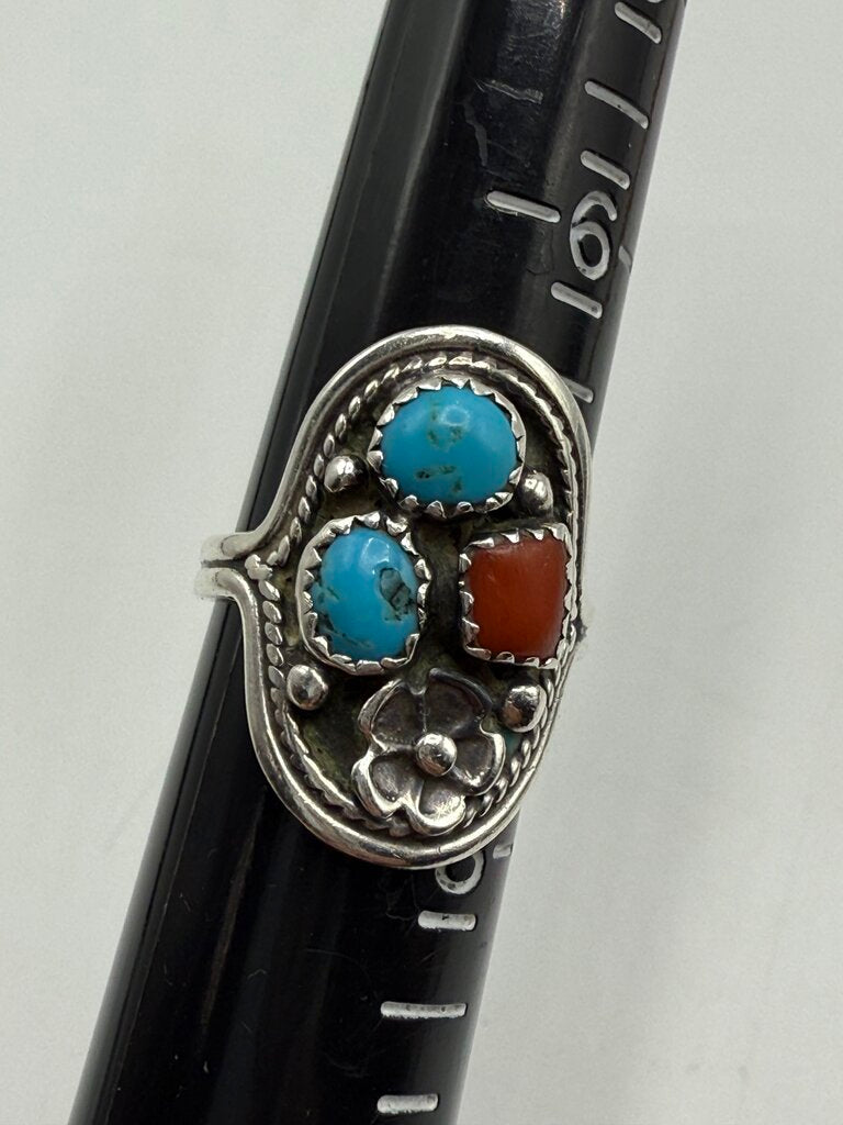 VTG Native American Sterling Silver Turquoise Coral Ring Sz. 7.25 /ro