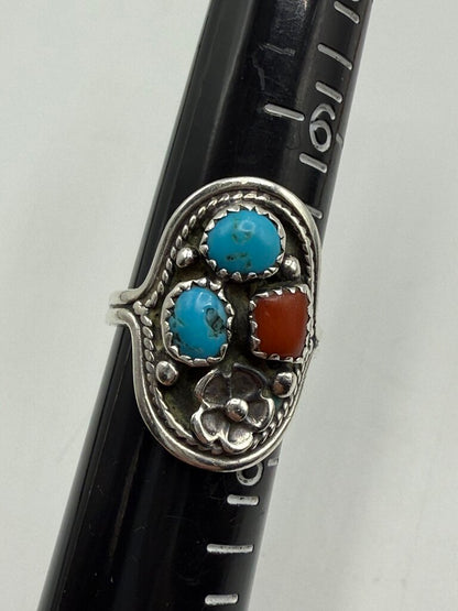 VTG Native American Sterling Silver Turquoise Coral Ring Sz. 7.25 /ro