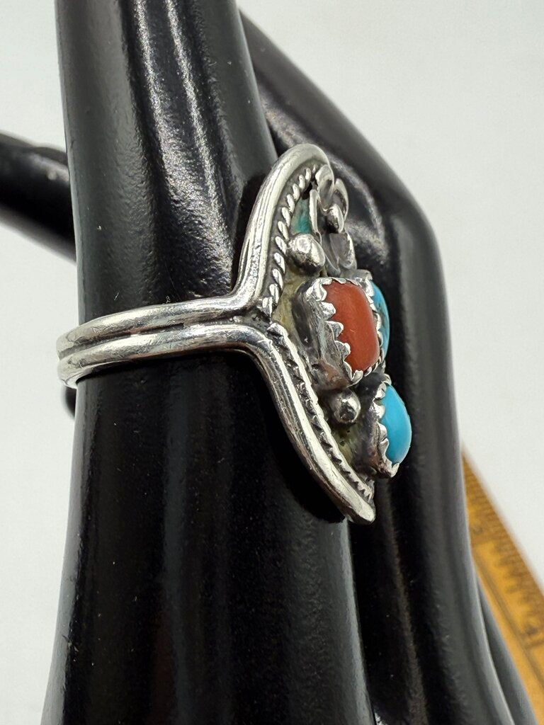 VTG Native American Sterling Silver Turquoise Coral Ring Sz. 7.25 /ro