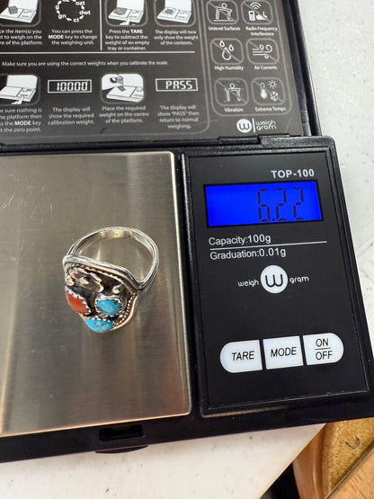 VTG Native American Sterling Silver Turquoise Coral Ring Sz. 7.25 /ro