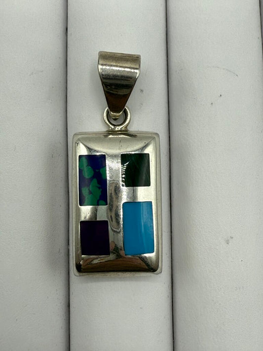 Sterling Silver Oblong Pendant Inlaid Turquoise Lapis Malachite Jasper 12.65 GR /ro