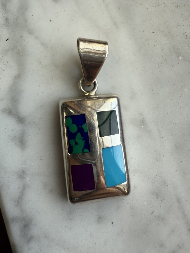Sterling Silver Oblong Pendant Inlaid Turquoise Lapis Malachite Jasper 12.65 GR /ro