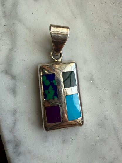 Sterling Silver Oblong Pendant Inlaid Turquoise Lapis Malachite Jasper 12.65 GR /ro