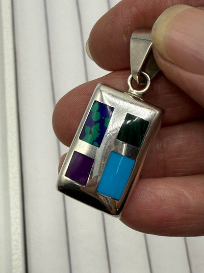 Sterling Silver Oblong Pendant Inlaid Turquoise Lapis Malachite Jasper 12.65 GR /ro