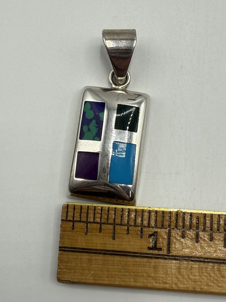 Sterling Silver Oblong Pendant Inlaid Turquoise Lapis Malachite Jasper 12.65 GR /ro