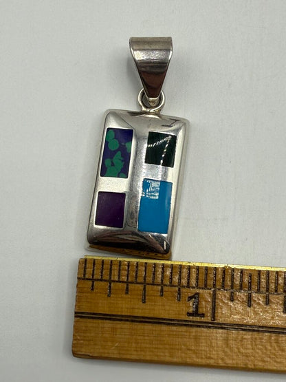 Sterling Silver Oblong Pendant Inlaid Turquoise Lapis Malachite Jasper 12.65 GR /ro