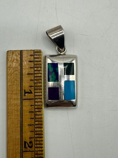 Sterling Silver Oblong Pendant Inlaid Turquoise Lapis Malachite Jasper 12.65 GR /ro
