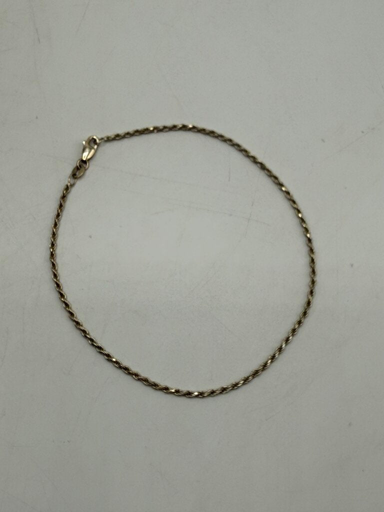 Sterling Silver Twisted Rope Chain Ankle Bracelet 9.5” Italy /ro