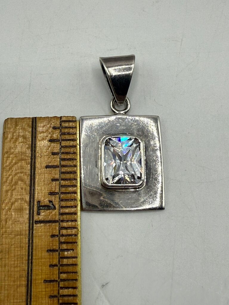 Sterling Silver Oblong Pendant Clear Crystal Gemstone Mount Slide Bail /ro