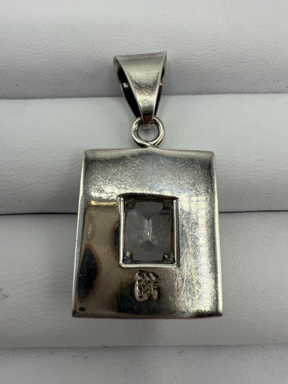 Sterling Silver Oblong Pendant Clear Crystal Gemstone Mount Slide Bail /ro