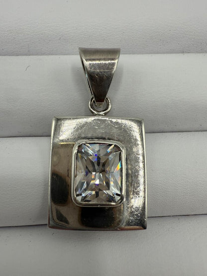 Sterling Silver Oblong Pendant Clear Crystal Gemstone Mount Slide Bail /ro