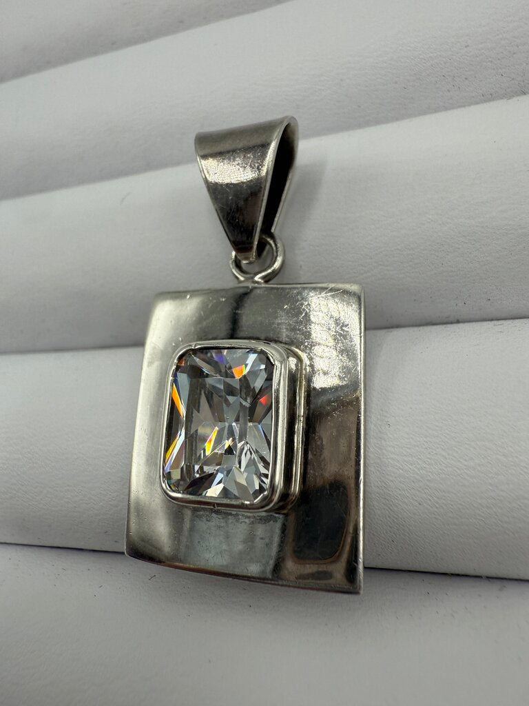 Sterling Silver Oblong Pendant Clear Crystal Gemstone Mount Slide Bail /ro