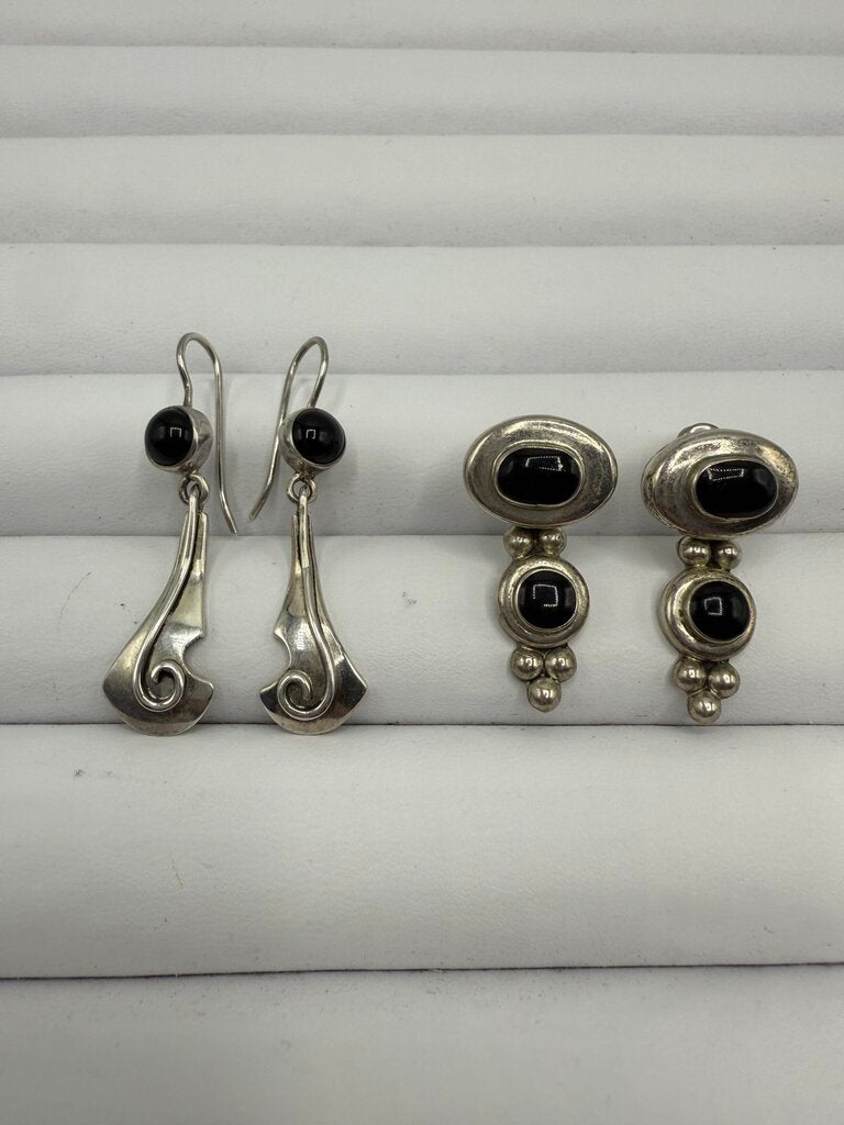 Sterling Silver w/Black Onyx Dangle Pierced Earrings 2 Pairs /ro