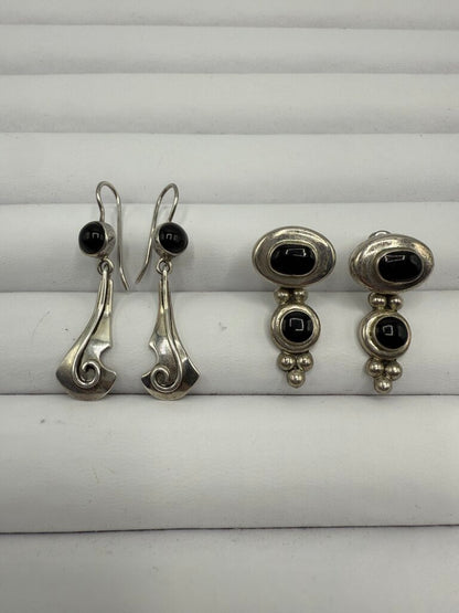 Sterling Silver w/Black Onyx Dangle Pierced Earrings 2 Pairs /ro