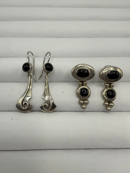 Sterling Silver w/Black Onyx Dangle Pierced Earrings 2 Pairs /ro