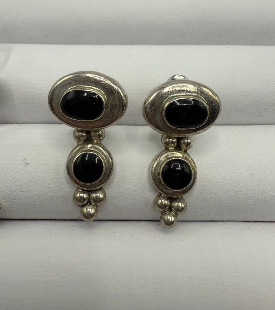 Sterling Silver w/Black Onyx Dangle Pierced Earrings 2 Pairs /ro
