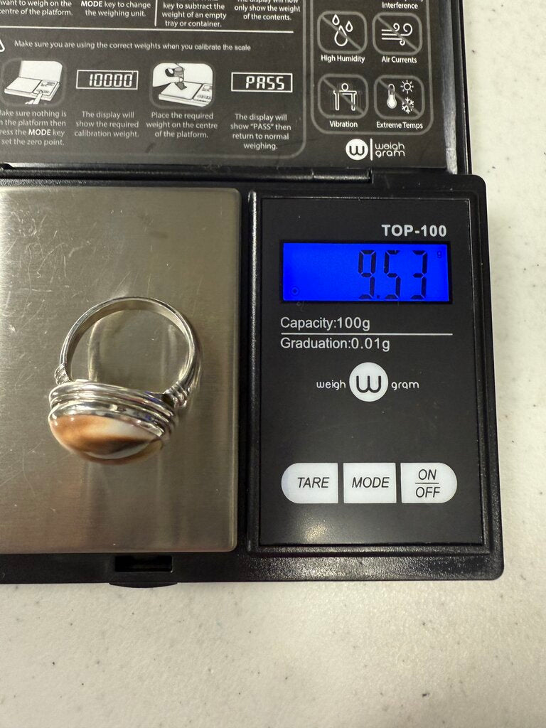 Sterling Silver Ring w/Brown/White Shell Size 9 /ro