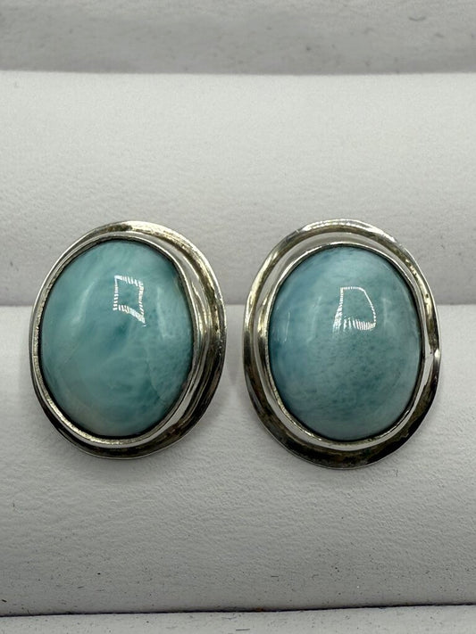 Oval Larimar Cabochon Gemstone Sterling Silver Pierced Earrings /ro