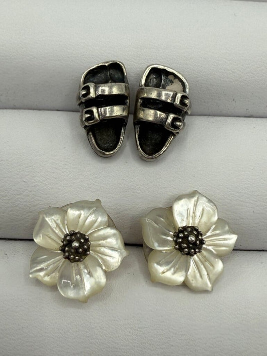 Set of 2 Sterling Silver Post Pierced Earrings Birkenstocks & MOP Flower /ro