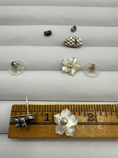 Set of 2 Sterling Silver Post Pierced Earrings Birkenstocks & MOP Flower /ro