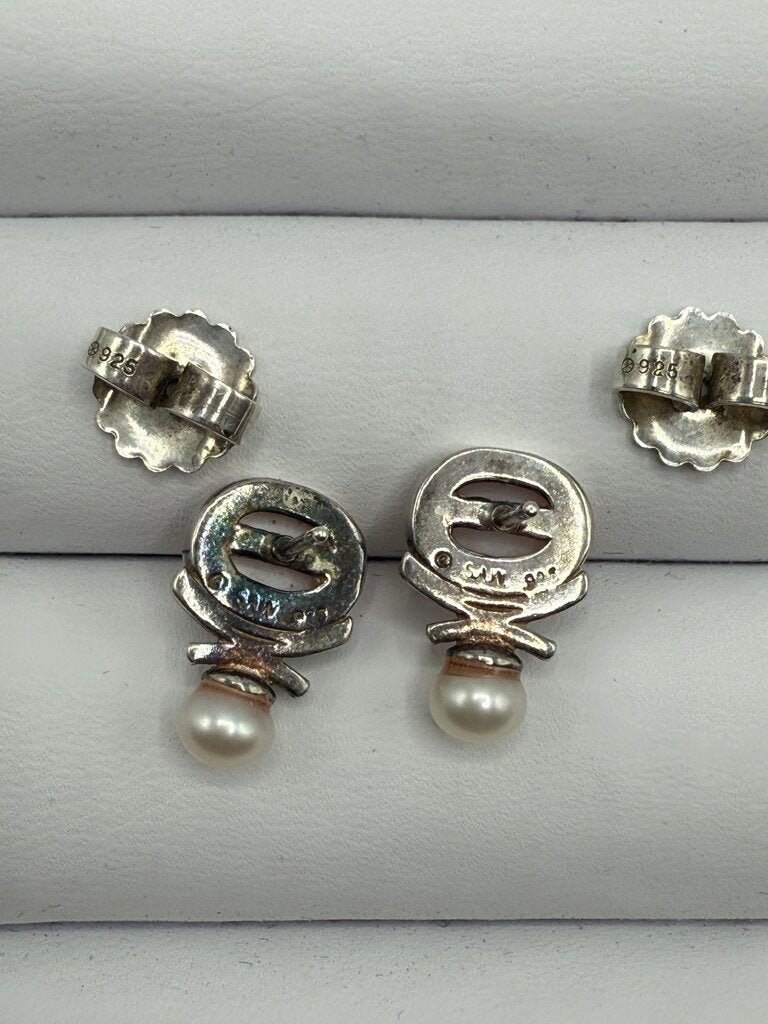 Two Pairs of Sterling Silver Pierced Earrings Rose Quartz & Hemitie Gemstones /ro