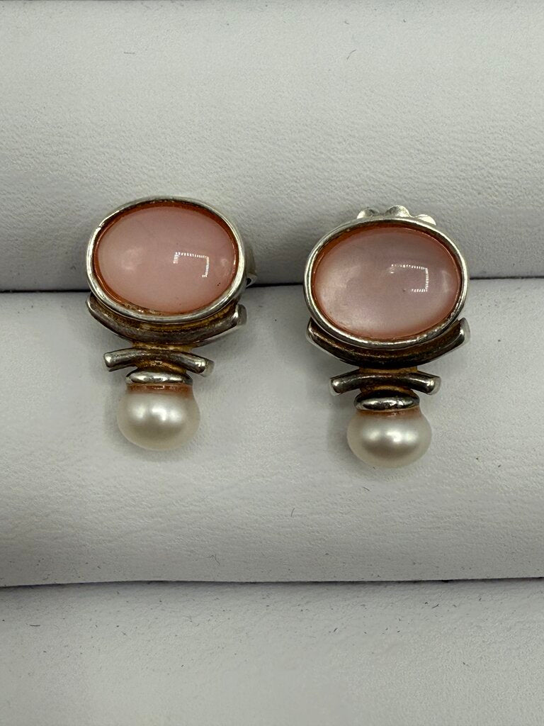 Two Pairs of Sterling Silver Pierced Earrings Rose Quartz & Hemitie Gemstones /ro