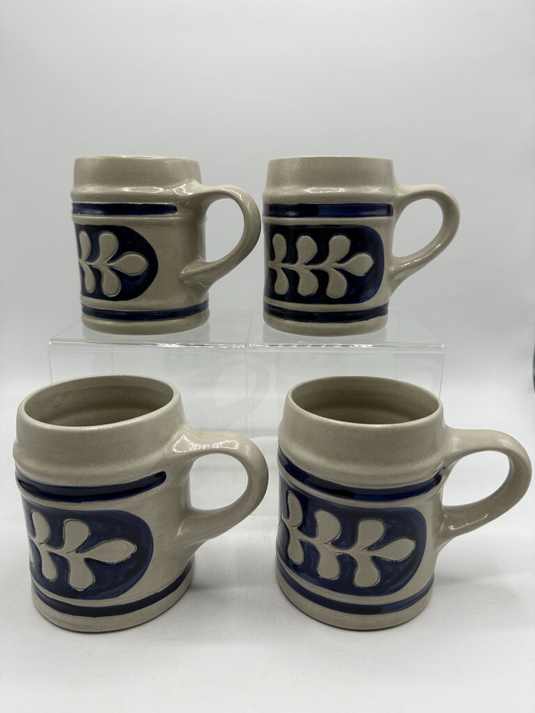 Set of 4 Williamsburg Pottery Beer Stein Mug Blue Leaf Salt Glaze Set of 4 /rw