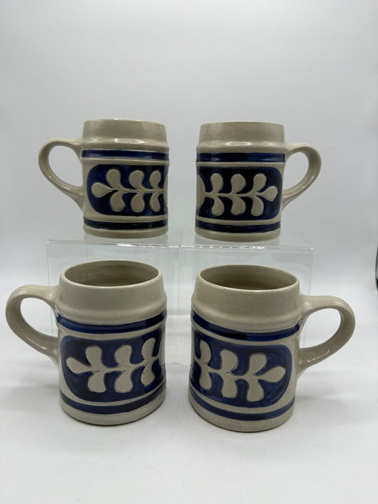 Set of 4 Williamsburg Pottery Beer Stein Mug Blue Leaf Salt Glaze Set of 4 /rw