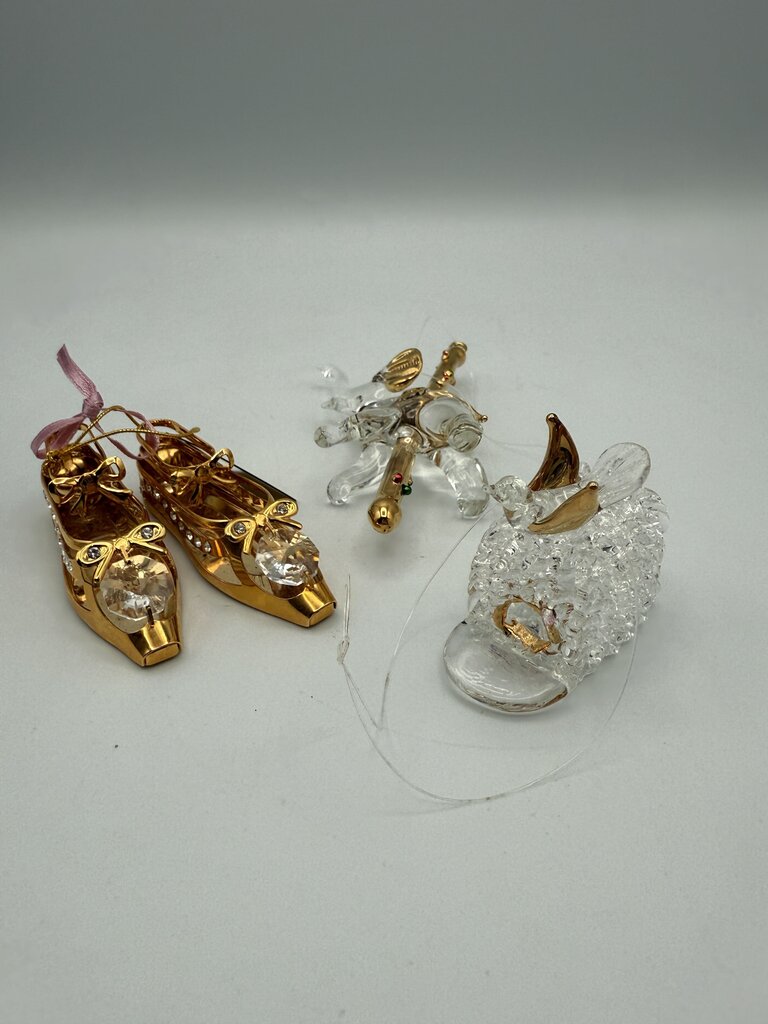 Set of 3 Petite Glass and Crystal Christmas Tree Ornaments Ballet Slippers, Elephant, Birdhouse /ro