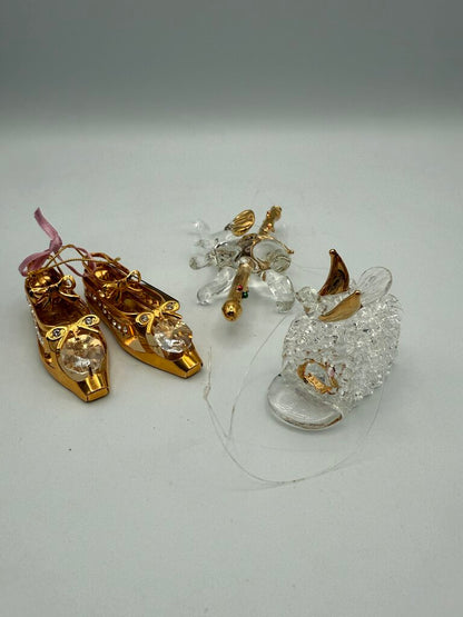 Set of 3 Petite Glass and Crystal Christmas Tree Ornaments Ballet Slippers, Elephant, Birdhouse /ro
