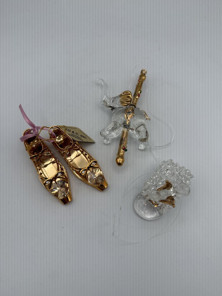 Set of 3 Petite Glass and Crystal Christmas Tree Ornaments Ballet Slippers, Elephant, Birdhouse /ro