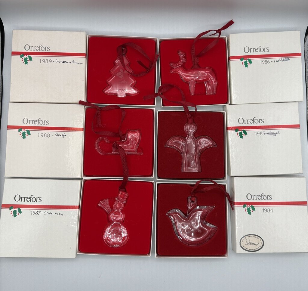 Lot of 6 VTG Orrefors Crystal Christmas Ornaments 1984-89 w/Box /ro