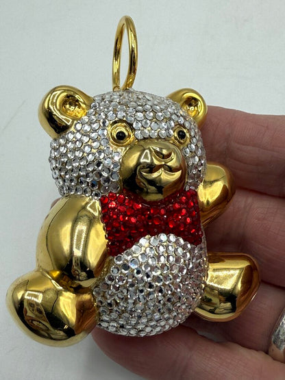Judith Leiber Teddy Bear Baby Rattle Ornament Clear Crystals Red Bow Tie /ro