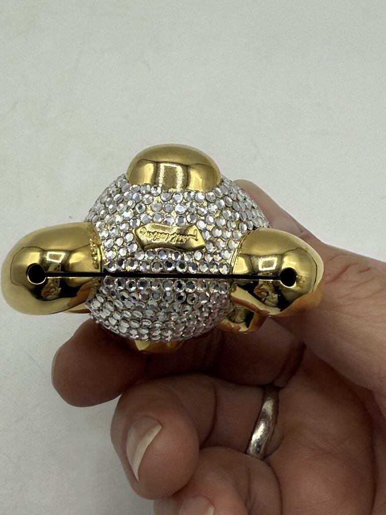 Judith Leiber Teddy Bear Baby Rattle Ornament Clear Crystals Red Bow Tie /ro