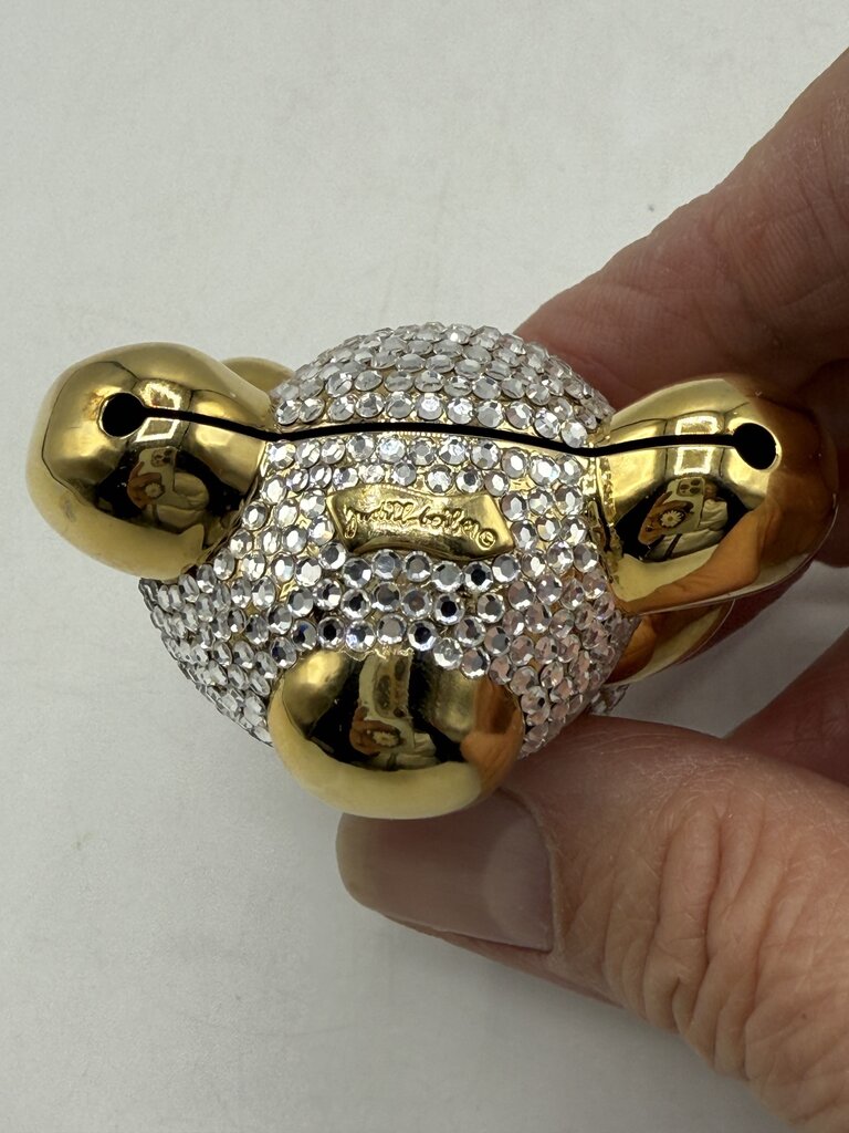 Judith Leiber Teddy Bear Baby Rattle Ornament Clear Crystals Red Bow Tie /ro