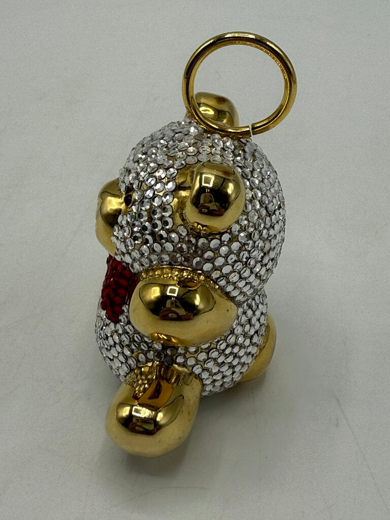Judith Leiber Teddy Bear Baby Rattle Ornament Clear Crystals Red Bow Tie /ro