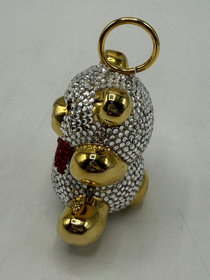 Judith Leiber Teddy Bear Baby Rattle Ornament Clear Crystals Red Bow Tie /ro