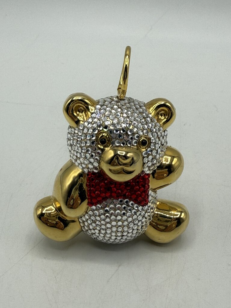 Judith Leiber Teddy Bear Baby Rattle Ornament Clear Crystals Red Bow Tie /ro