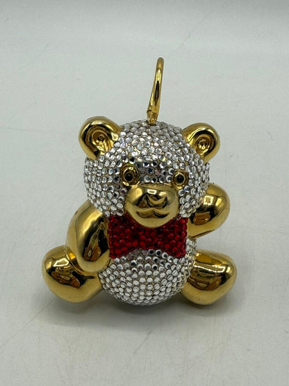 Judith Leiber Teddy Bear Baby Rattle Ornament Clear Crystals Red Bow Tie /ro