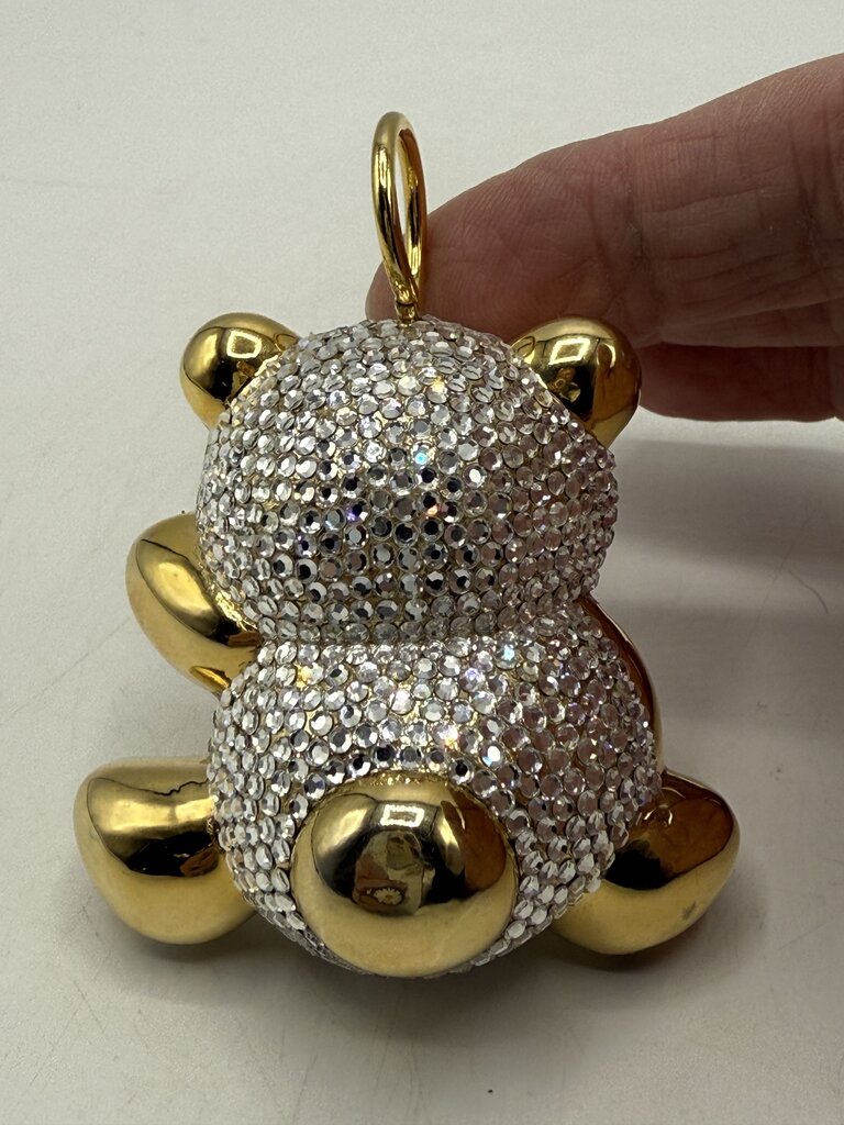 Judith Leiber Teddy Bear Baby Rattle Ornament Clear Crystals Red Bow Tie /ro