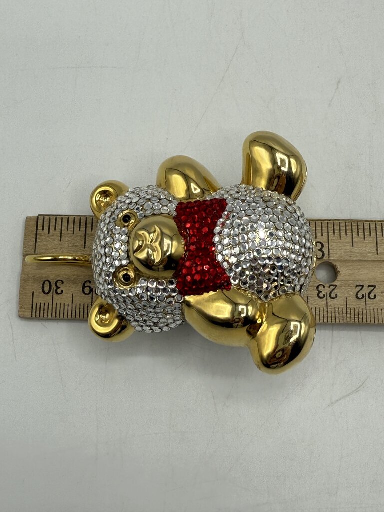 Judith Leiber Teddy Bear Baby Rattle Ornament Clear Crystals Red Bow Tie /ro