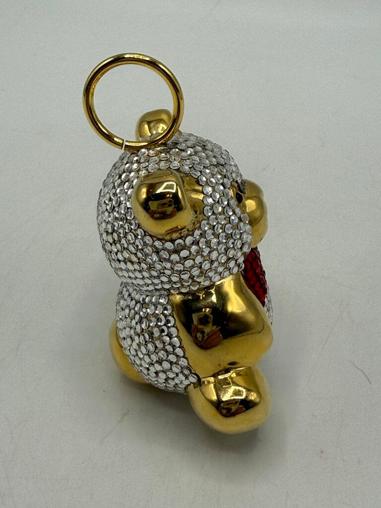 Judith Leiber Teddy Bear Baby Rattle Ornament Clear Crystals Red Bow Tie /ro