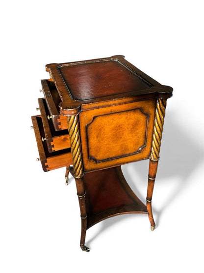 3 Drawer Leather & Burl Wood Side Table