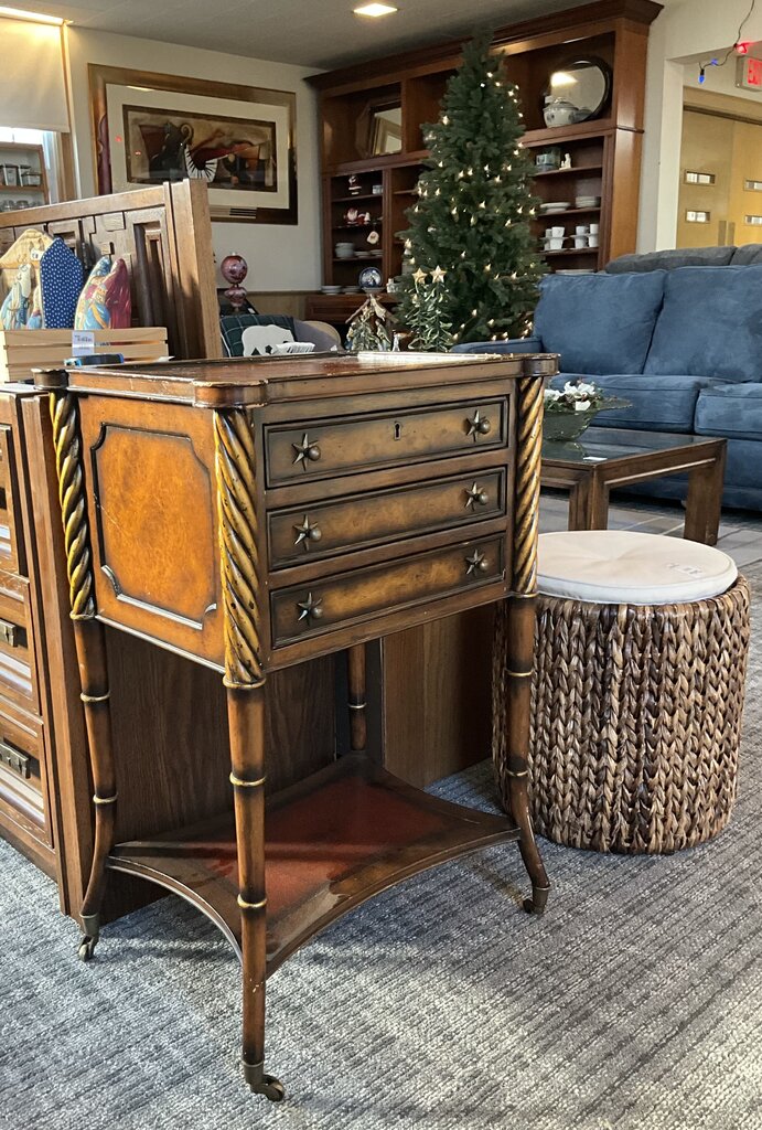 3 Drawer Leather & Burl Wood Side Table